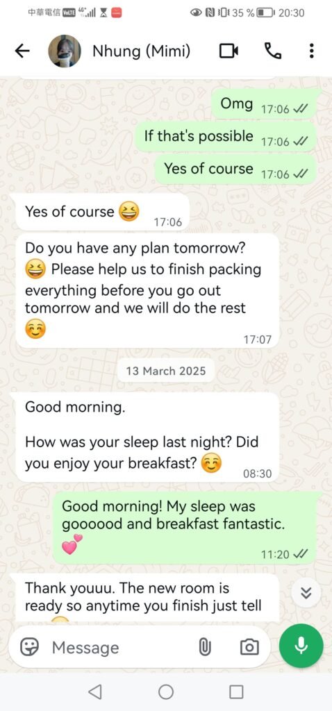 WhatsApp conversation with Bespoke Trendy Hotel concierge Mimi offering a complimentary room upgrade and local recommendations.