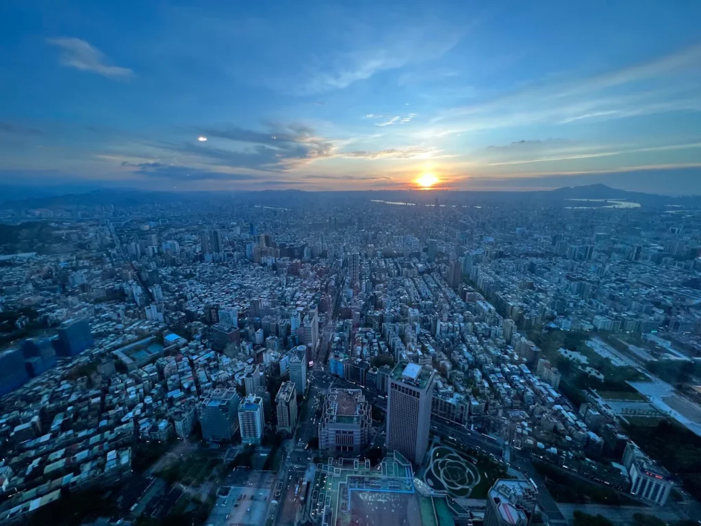Sunset over Taipei seen from the Taipei 101 Observatory