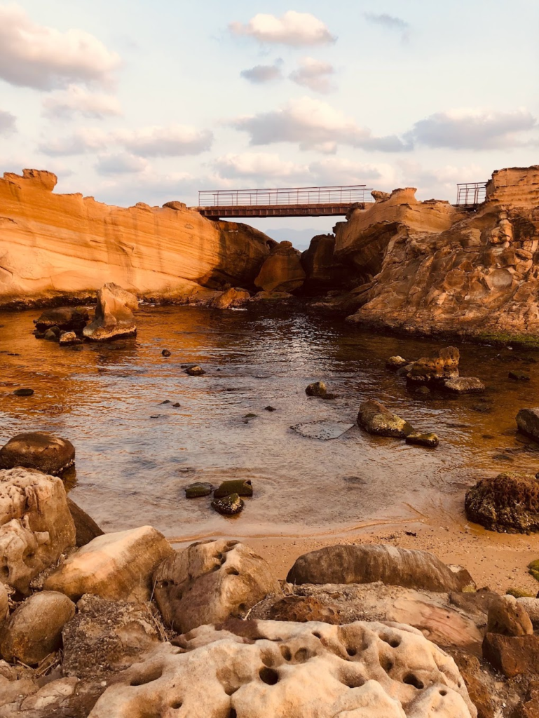Coastal rock formations and sea at Yehliu Geopark in northern Taiwan